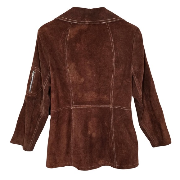 Vintage 70s Women's Brown Belted Suede Leather Jacket Front Snaps Lined Medium - Picture 2 of 13